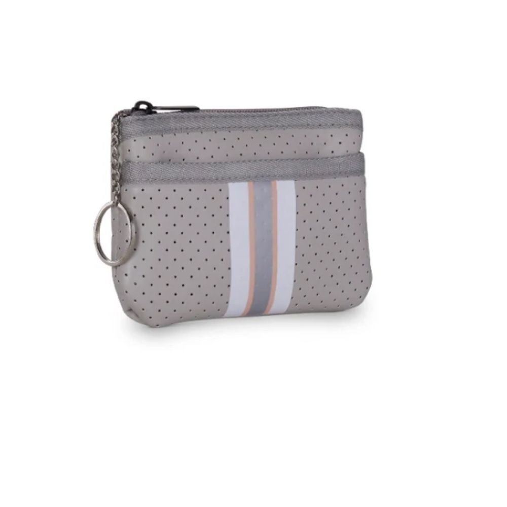 Coated Neoprene Card Case with Keyring - NWT - Gray with Peach & White Stripe - Picture 3 of 3